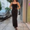 vintage velvet dark brown maxi dress with thin straps and floral embroidery
