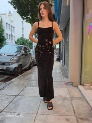 vintage velvet dark brown maxi dress with thin straps and floral embroidery