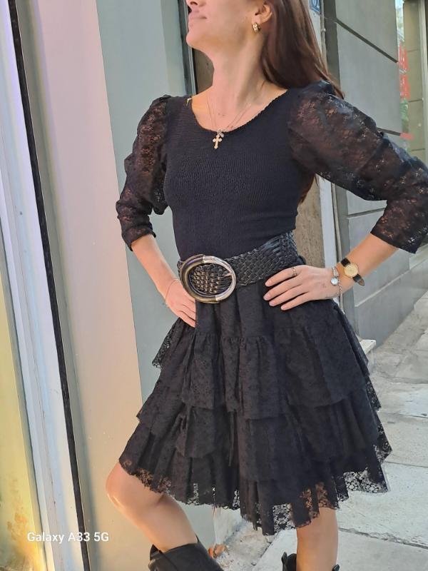 80's vintage black lace midi dress with puff sleeves, fitted waist and tiered lace skirt - Image 4