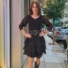 80's vintage black lace midi dress with puff sleeves, fitted waist and tiered lace skirt