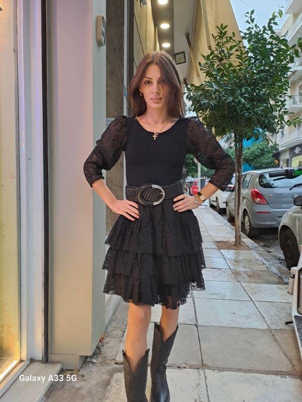 80's vintage black lace midi dress with puff sleeves, fitted waist and tiered lace skirt