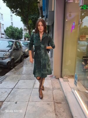 Alternative view of vintage green stretch tie-dye dress with fitted waist and flared skirt