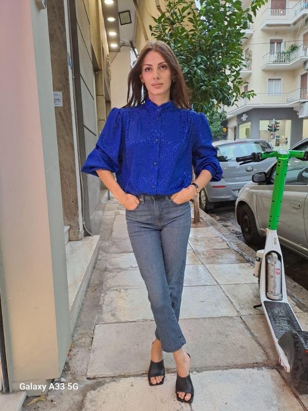vintage electric blue shirt with subtle leopard jacquard detailing, high neck and puff sleeves - Image 3