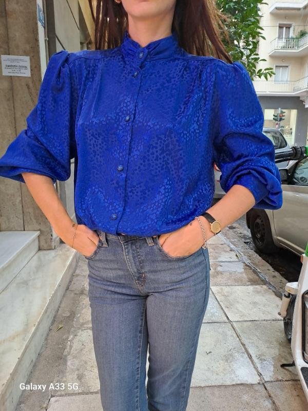 vintage electric blue shirt with subtle leopard jacquard detailing, high neck and puff sleeves - Image 4