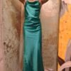 vintage emerald green satin maxi dress with draped neckline