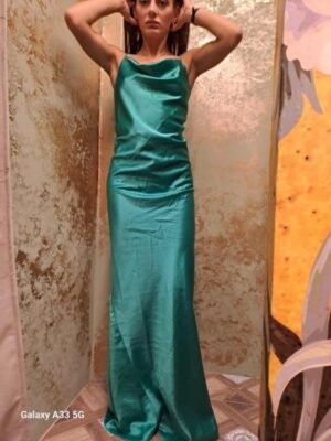 vintage emerald green satin maxi dress with draped neckline