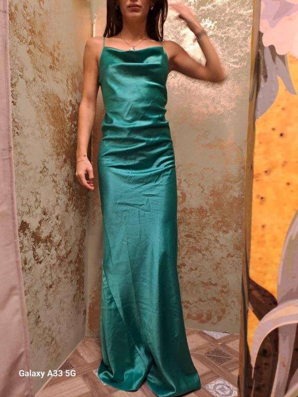 vintage emerald green satin maxi dress with draped neckline - Image 5