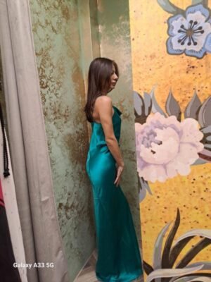 Alternative view of vintage emerald green satin maxi dress with draped neckline