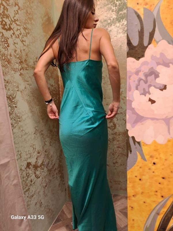 vintage emerald green satin maxi dress with draped neckline - Image 3