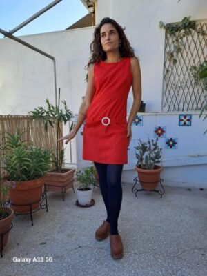 60's vintage red mini dress with round belt detail