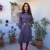 vintage metallic lilac midi dress with floral details and structured shoulders