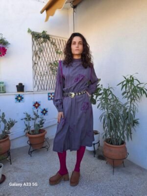 vintage metallic lilac midi dress with floral details and structured shoulders