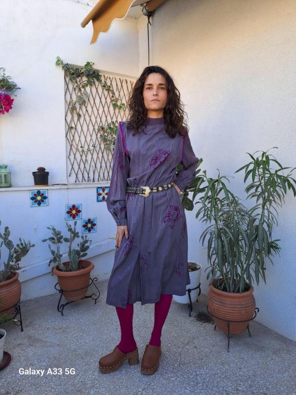 vintage metallic lilac midi dress with floral details and structured shoulders