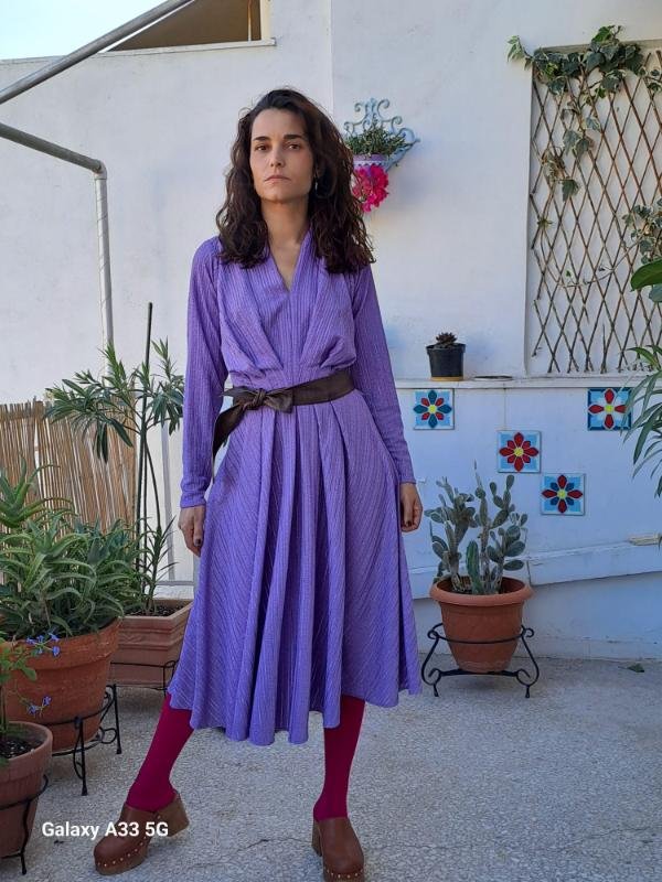 vintage lilac dress with drape bust, flowy skirt and accentuated waist