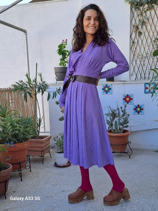 vintage lilac midi dress with drape bust, flowy skirt and accentuated waist - Image 2