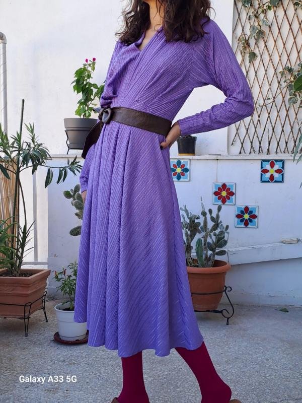 vintage lilac midi dress with drape bust, flowy skirt and accentuated waist - Image 3