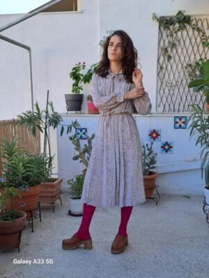 Alternative view of vintage romantic beige floral midi dress with tie neck detail and light pleats