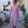 vintage pink midi dress with croche sleeves