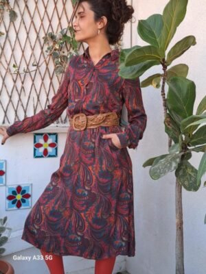 Alternative view of vintage paisley print midi dress in earthy tones
