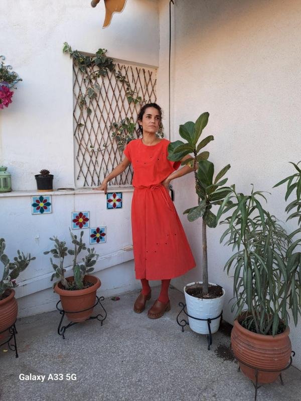 vintage coral midi belted dress with stud details - Image 5