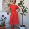 vintage coral midi belted dress with stud details