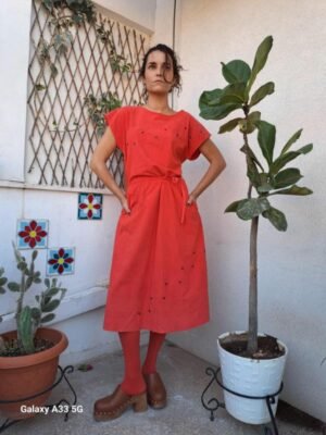 vintage coral midi belted dress with stud details