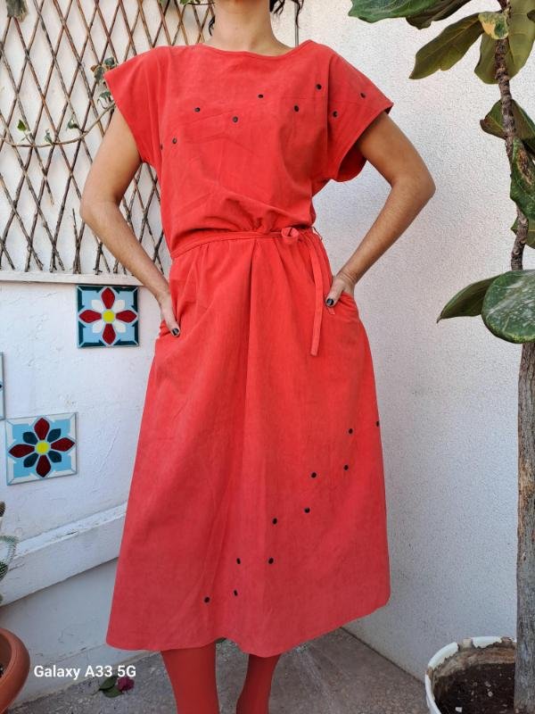 vintage coral midi belted dress with stud details - Image 2