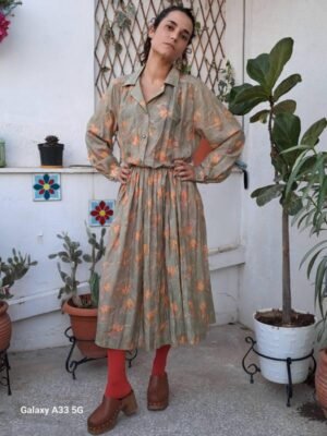 vintage sage and coral floral midi dress