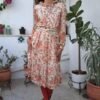vintage floral midi dress with ruffle colar and elastic waist