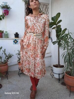 vintage floral midi dress with ruffle colar and elastic waist