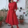 vintage red midi dress with soft touch, button shoulder and a belt