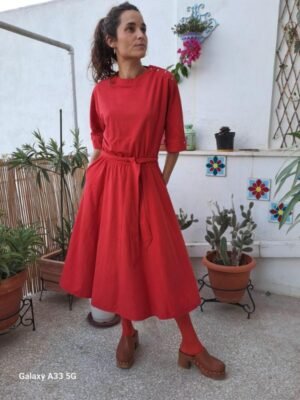 vintage red midi dress with soft touch, button shoulder and a belt