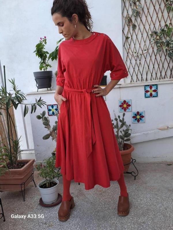 vintage red midi dress with soft touch, button shoulder and a belt - Image 6