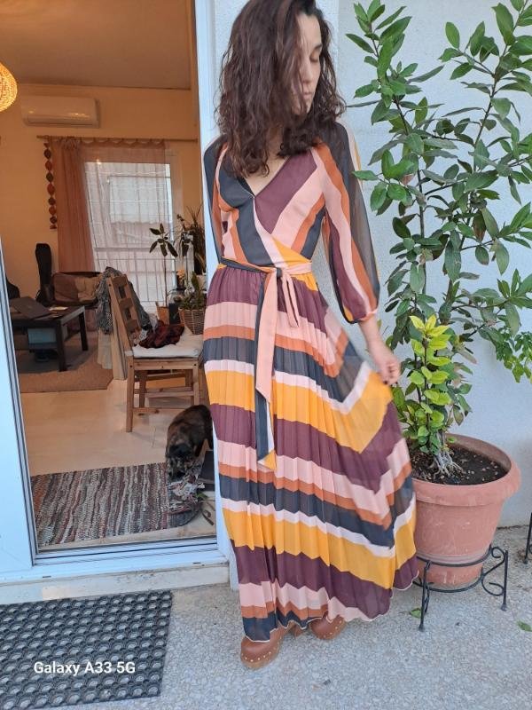 vintage stripped wrap maxi dress with puff sleeves tie waist - Image 5