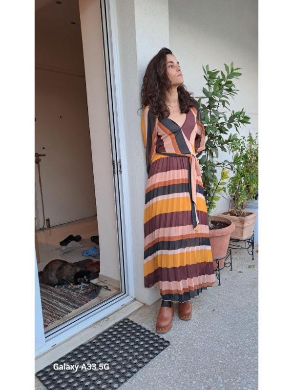 vintage stripped wrap maxi dress with puff sleeves tie waist - Image 6