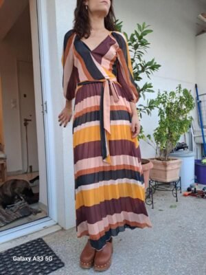Alternative view of vintage stripped wrap maxi dress with puff sleeves tie waist