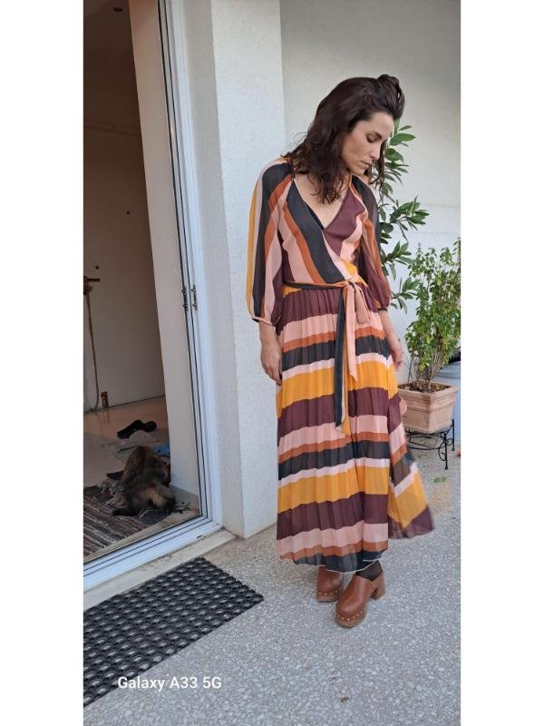 vintage stripped wrap maxi dress with puff sleeves tie waist - Image 3