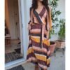 vintage stripped wrap maxi dress with puff sleeves tie waist