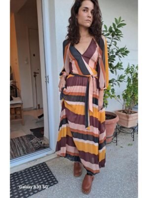 vintage stripped wrap maxi dress with puff sleeves tie waist