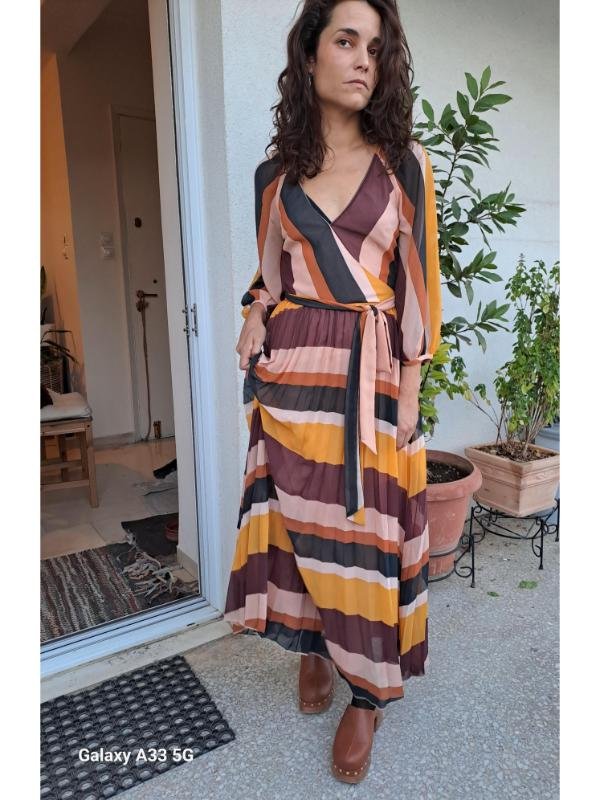vintage stripped wrap maxi dress with puff sleeves tie waist