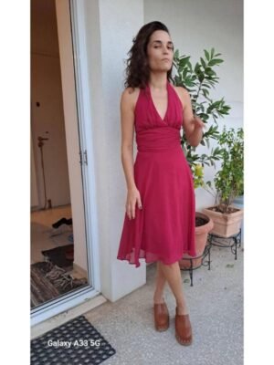 Alternative view of vintage magenda halter dress with fitted waist and flowy skirt