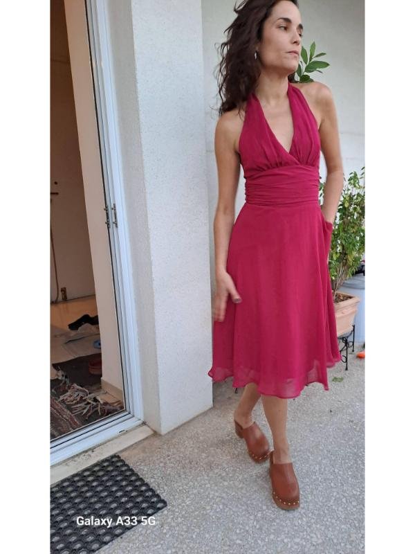 vintage magenda halter dress with fitted waist and flowy skirt - Image 3