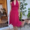 vintage magenda halter dress with fitted waist and flowy skirt