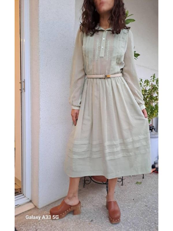 vintage mint midi dress with subtle pleated details
