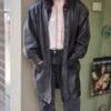 vintage black oversized leather coat with fur colar