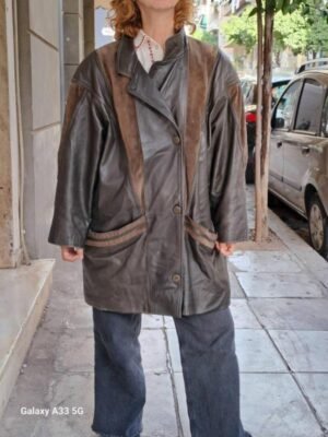 vintage leather two tone brown leather long jacket with suede details