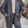 vintage double button black leather long jacket