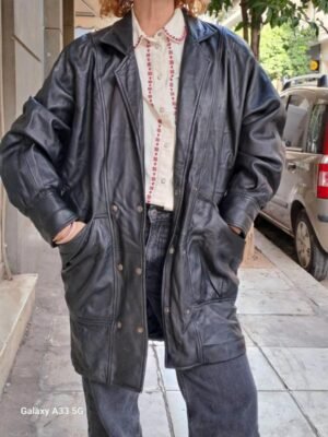 vintage double button black leather long jacket