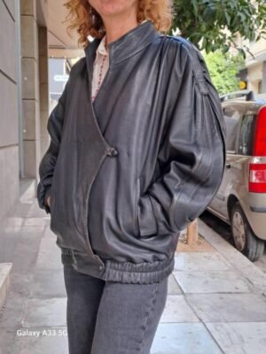 vintage black leather jacket with puff pleated sleeves