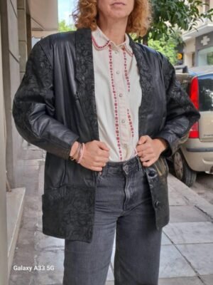 vintage black leather jacket with jacquard details